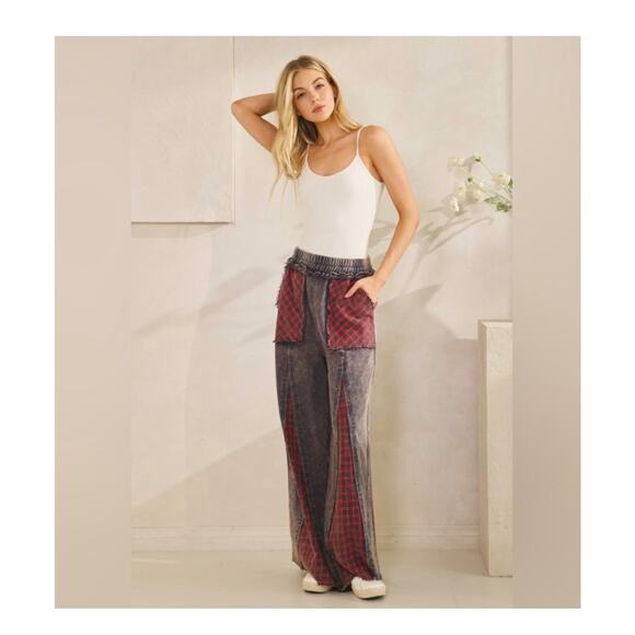 Sage + Fig Wide Leg Plaid Patchwork Washed Pants - Blue - Picture 4 of 7